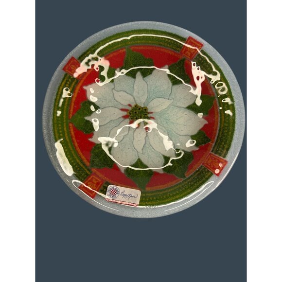 Peggy Karr Glass Holiday Poinsettia Plate 7.75" Handmade In USA Vibrant Red Gree - Picture 5 of 6